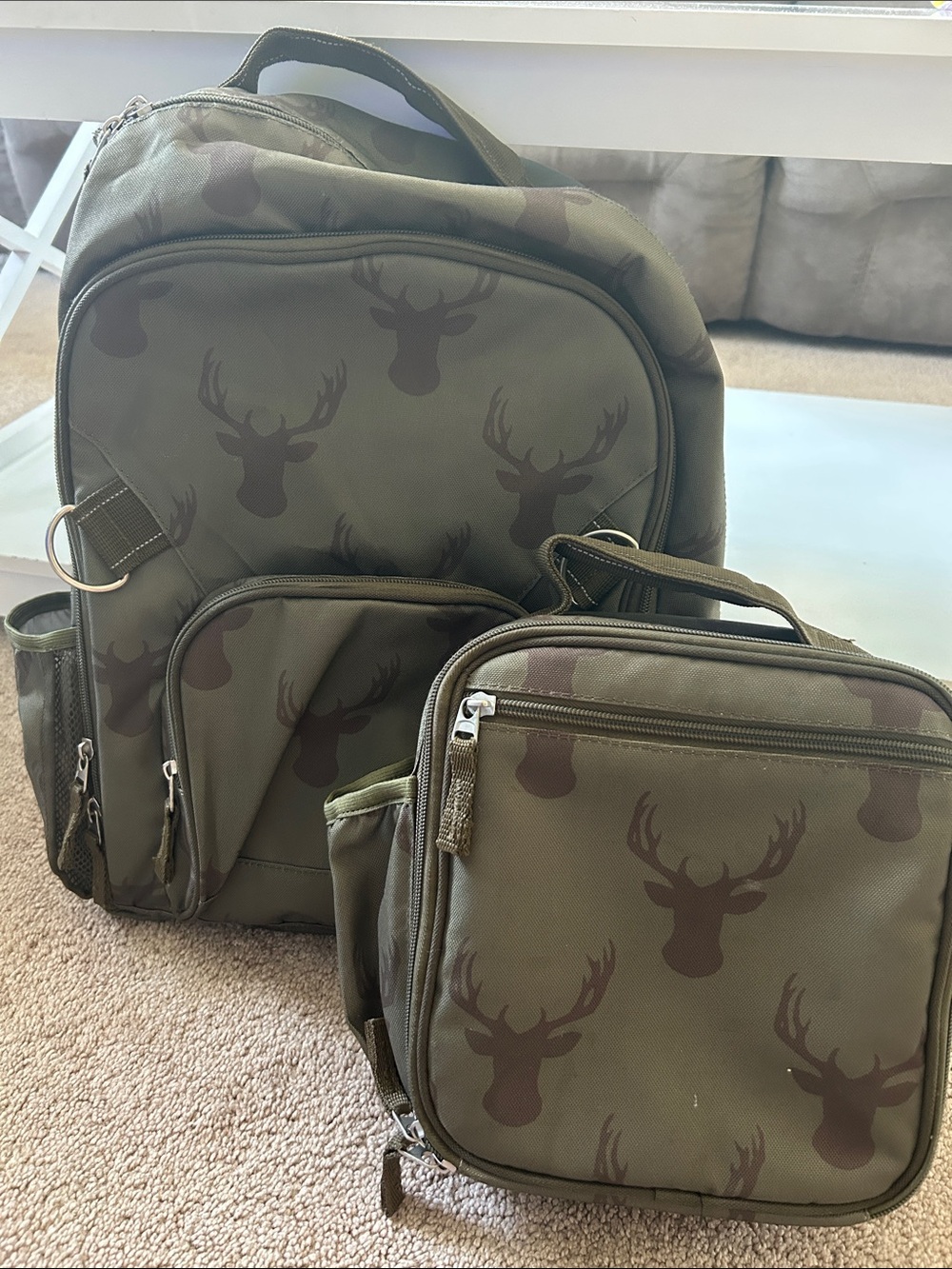 Sweet Honey Olive Green Deer-Print Kid’s Backpack & Lunch Bag Set